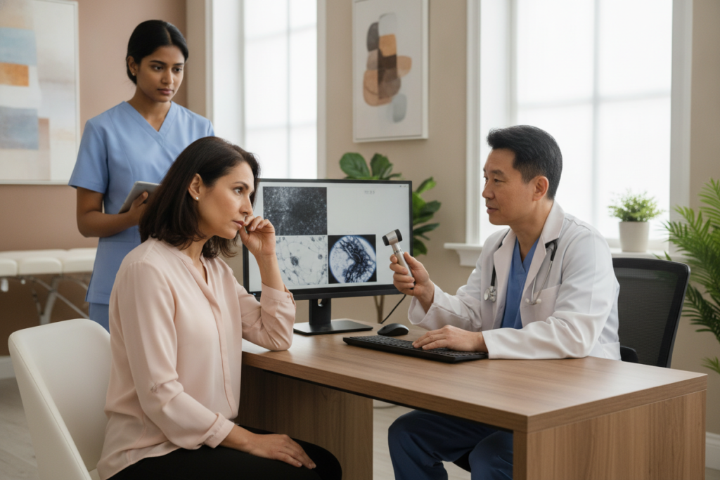 Patient discussing scalp and hair loss concerns with a healthcare professional