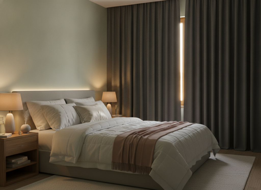 Peaceful bedroom setup for quality sleep and skin regeneration