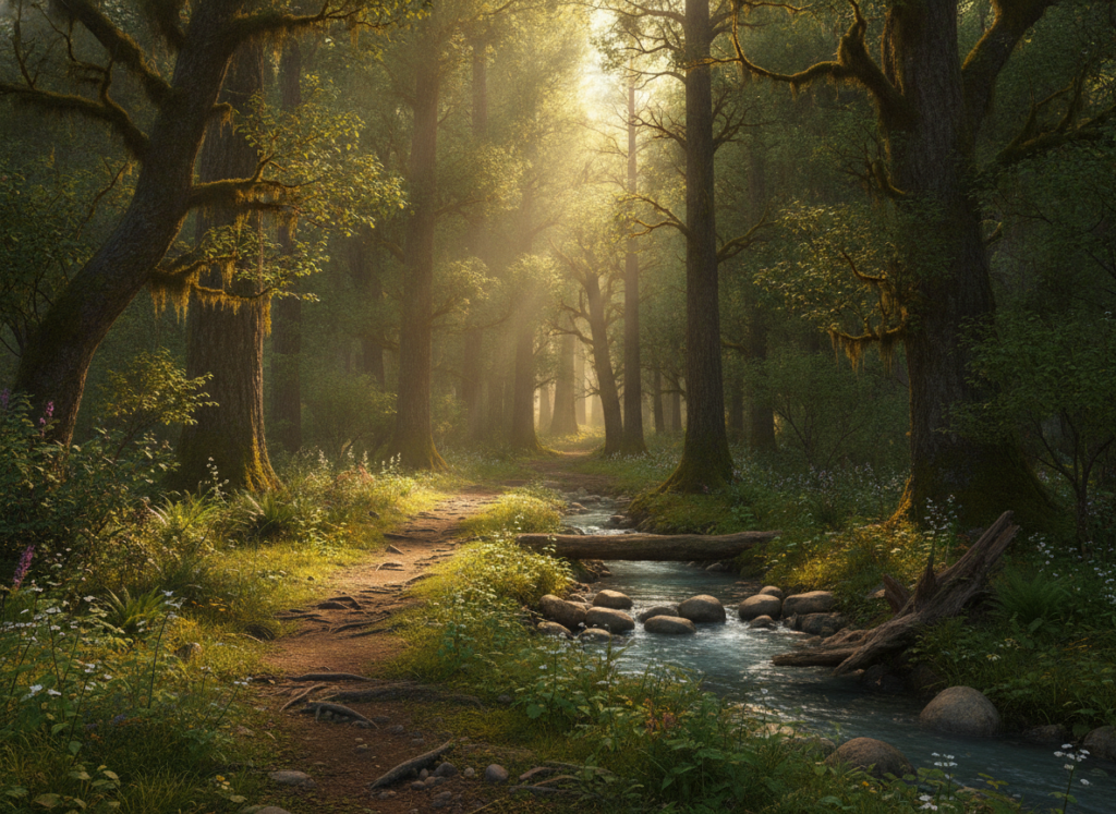 Peaceful nature scene with forest path for stress relief