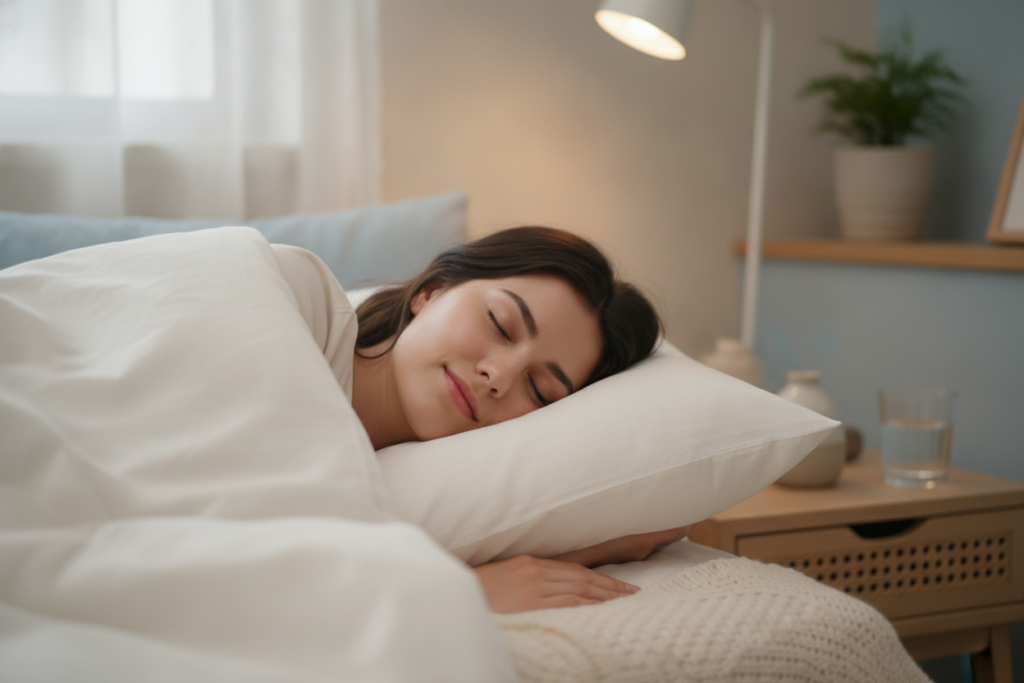 Peaceful woman sleeping on white pillow demonstrating quality rest