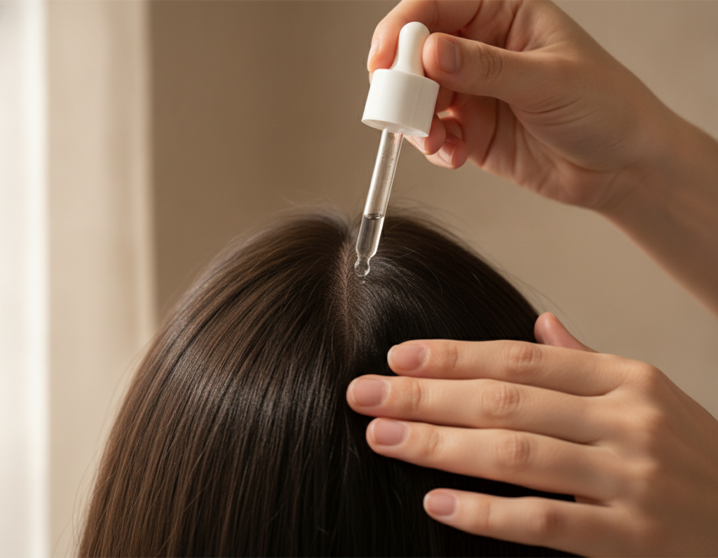 Person applying a scalp serum along the hair part Person applying a scalp serum along the hair part