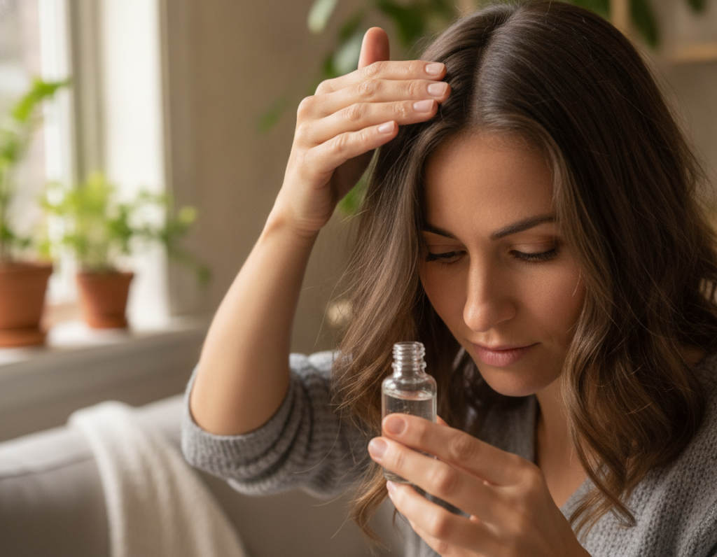 Person applying a scalp serum as part of a consistent hair care routine