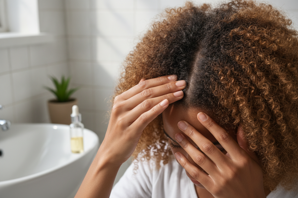 Person applying diluted hair growth oil along the scalp with fingertips Person applying diluted hair growth oil along the scalp with fingertips