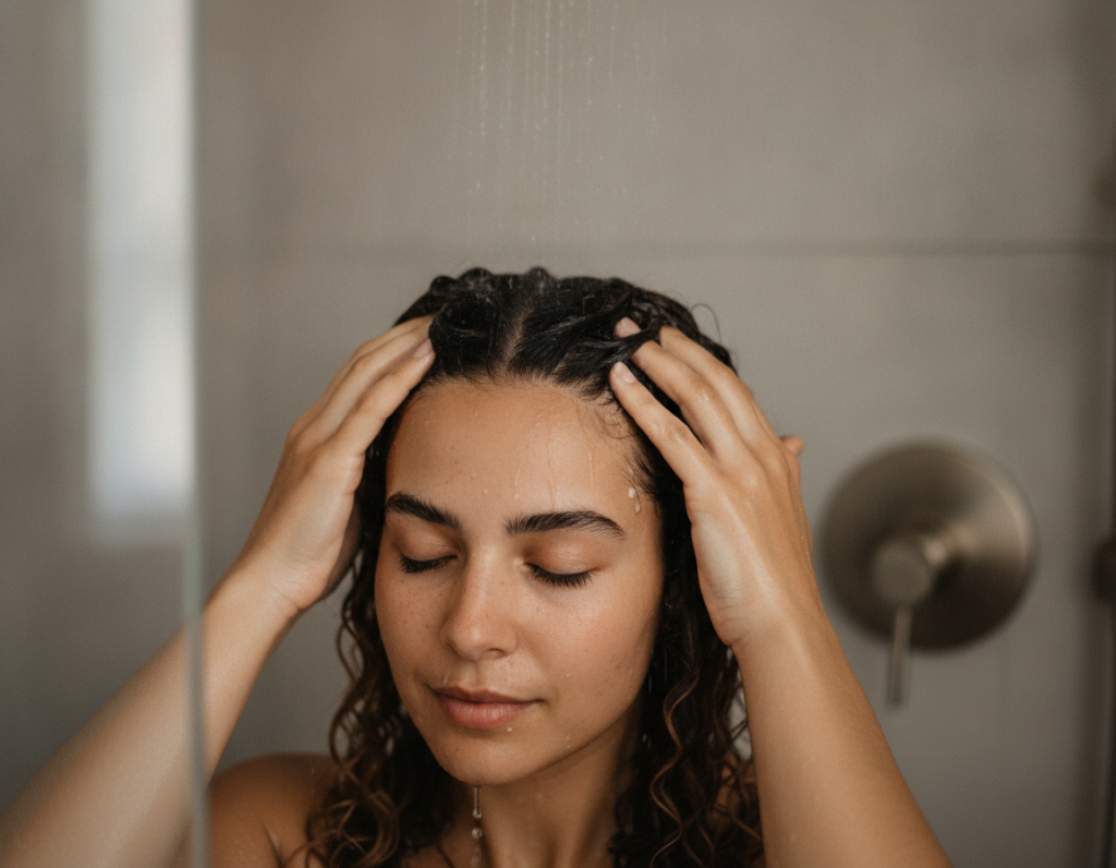 Person applying shampoo gently to the hair scalp at home