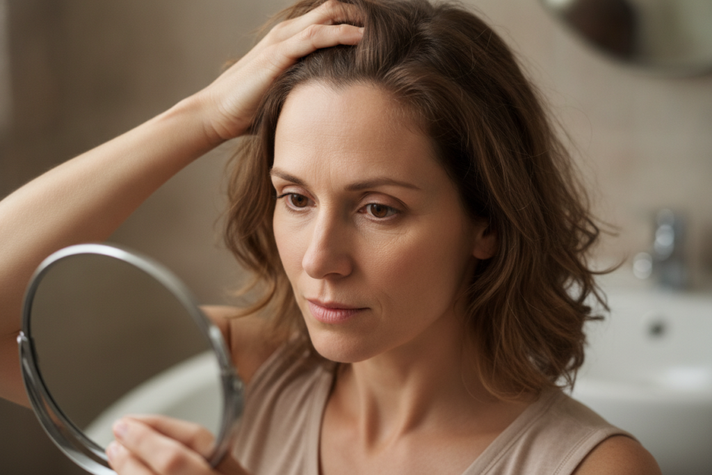 Person checking a widening hair part for signs of hair loss
