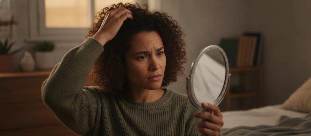 Person checking a widening hair part for signs of hair loss