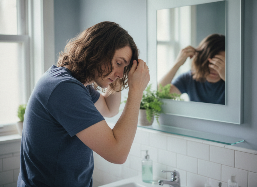 Person checking a widening hair part in a mirror Person checking a widening hair part in a mirror