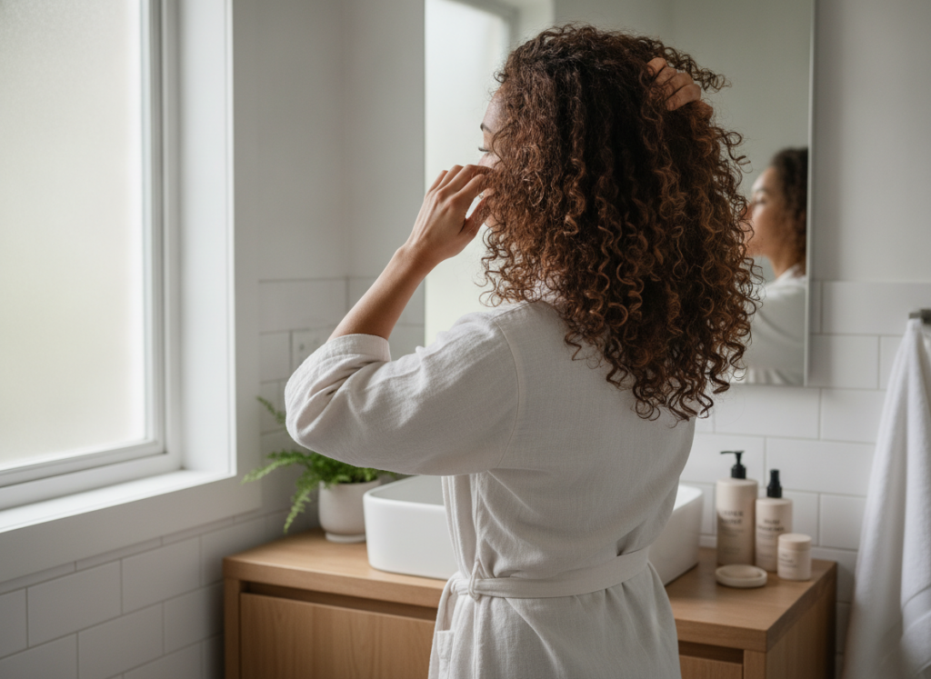 Person checking curl texture and hair density in a mirror