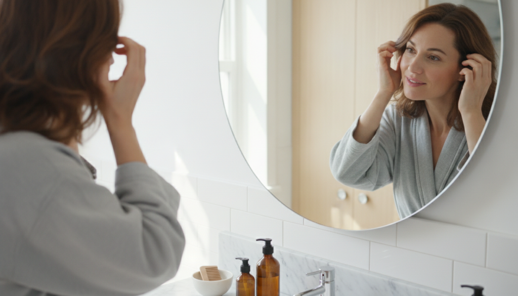 Person checking hair progress in a mirror at home