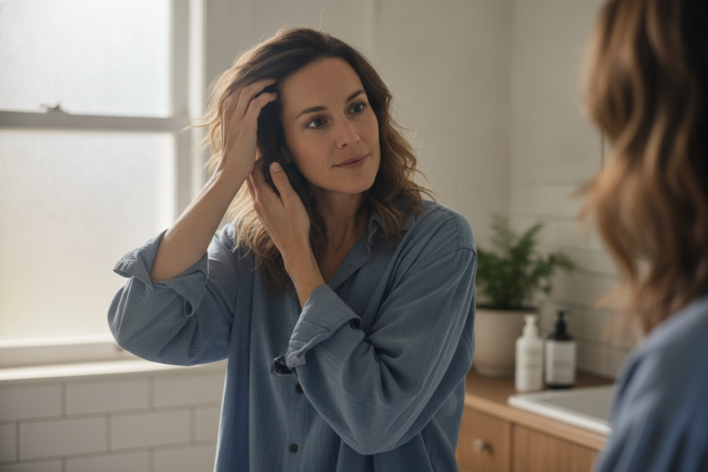 Person checking hair thickness in a mirror during a realistic hair care routine