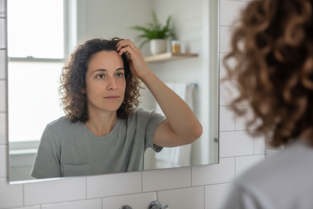 Person checking scalp and hair in a mirror