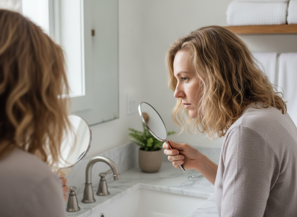 Person checking scalp and thinning hair in a mirror