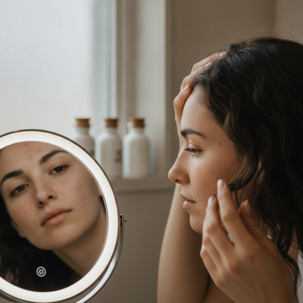 Person checking scalp for signs of hair and scalp changes
