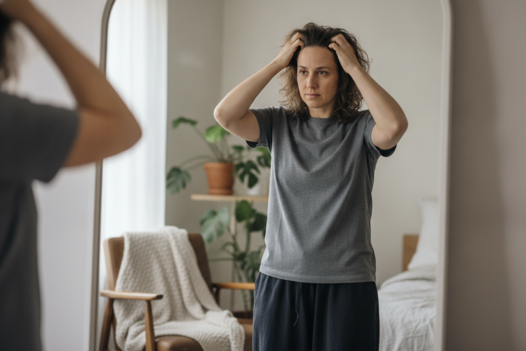 Person comparing hair density in a mirror without text Person comparing hair density in a mirror without text
