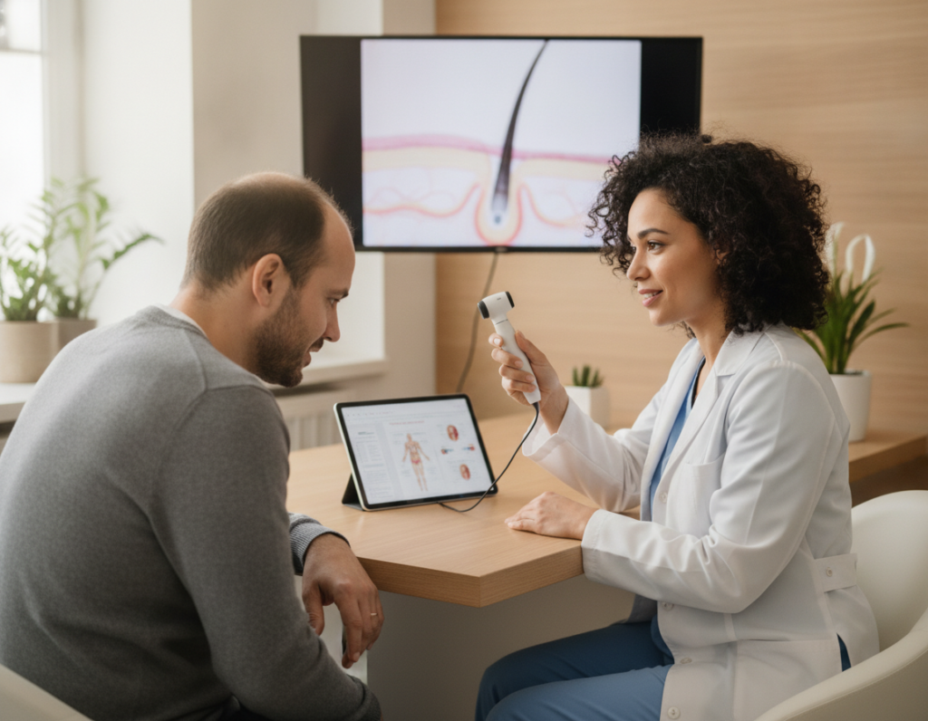 Person discussing hair loss concerns with a dermatologist