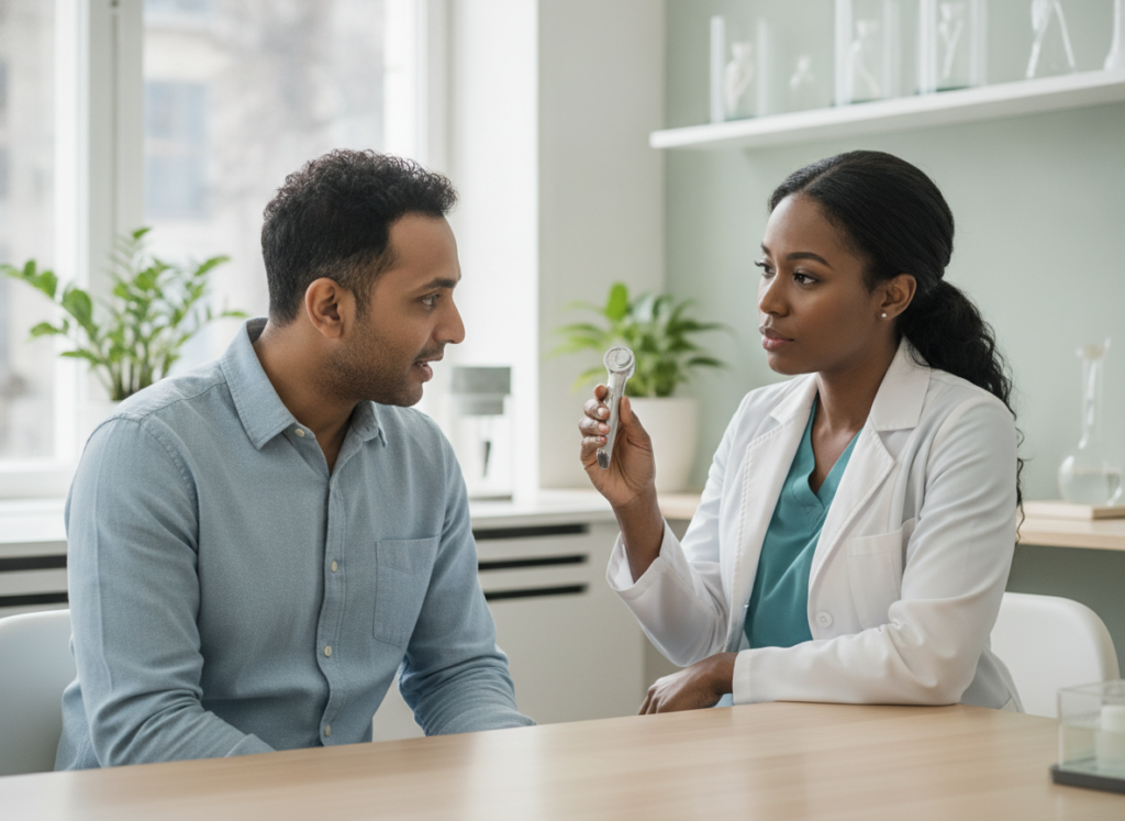Person discussing hair loss concerns with a healthcare professional