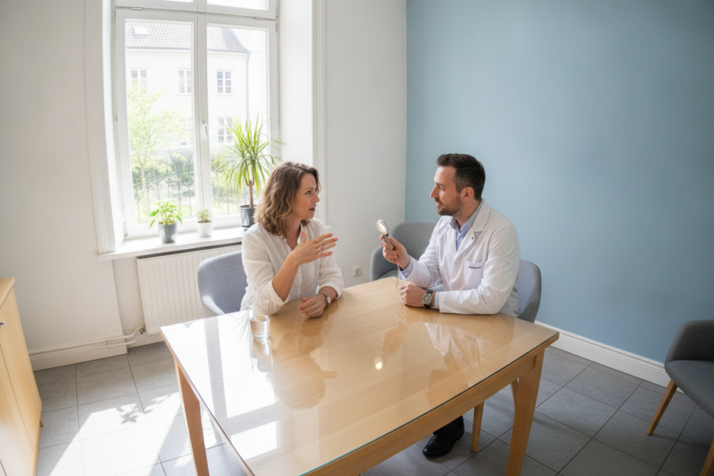 Person discussing scalp and hair concerns with a healthcare professional Person discussing scalp and hair concerns with a healthcare professional