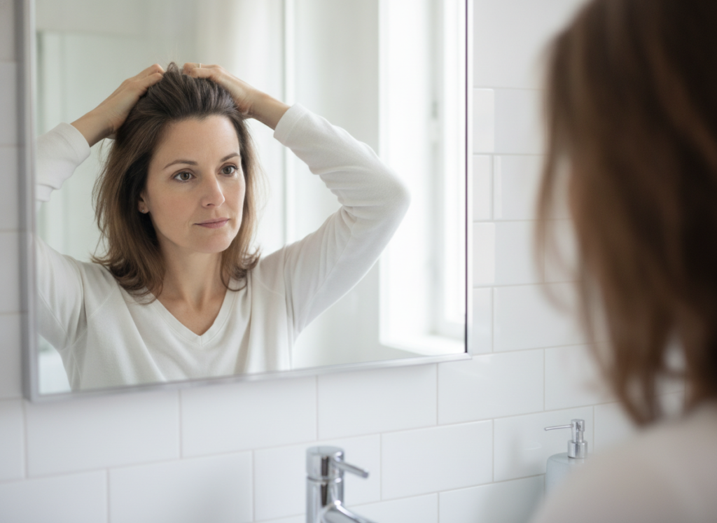 Person examining thinning hair at the scalp in a bathroom mirror