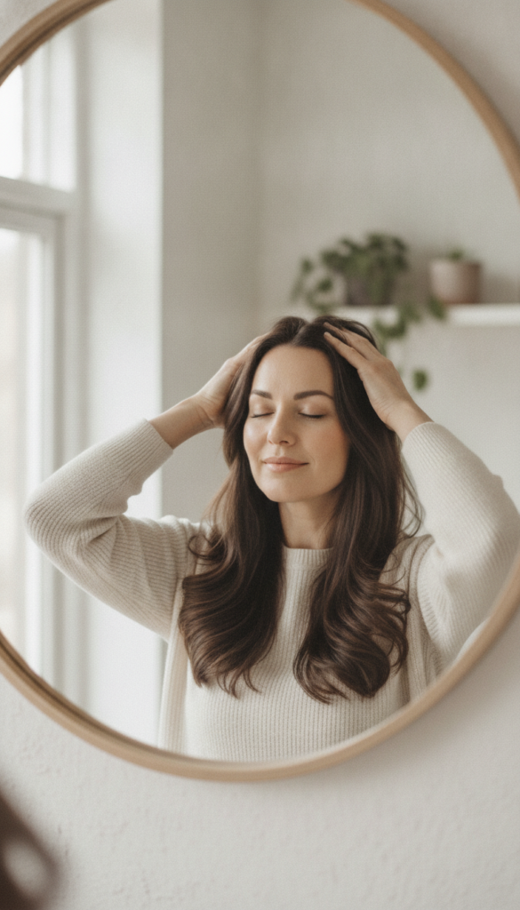 Person finishing a careful scalp massage routine at home