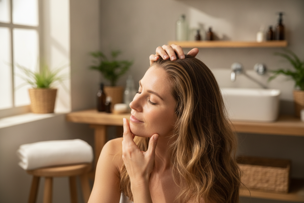 Person gently massaging diluted rosemary oil into the scalp