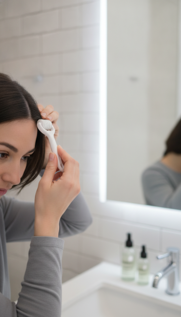 Person gently using a derma roller on a parted scalp