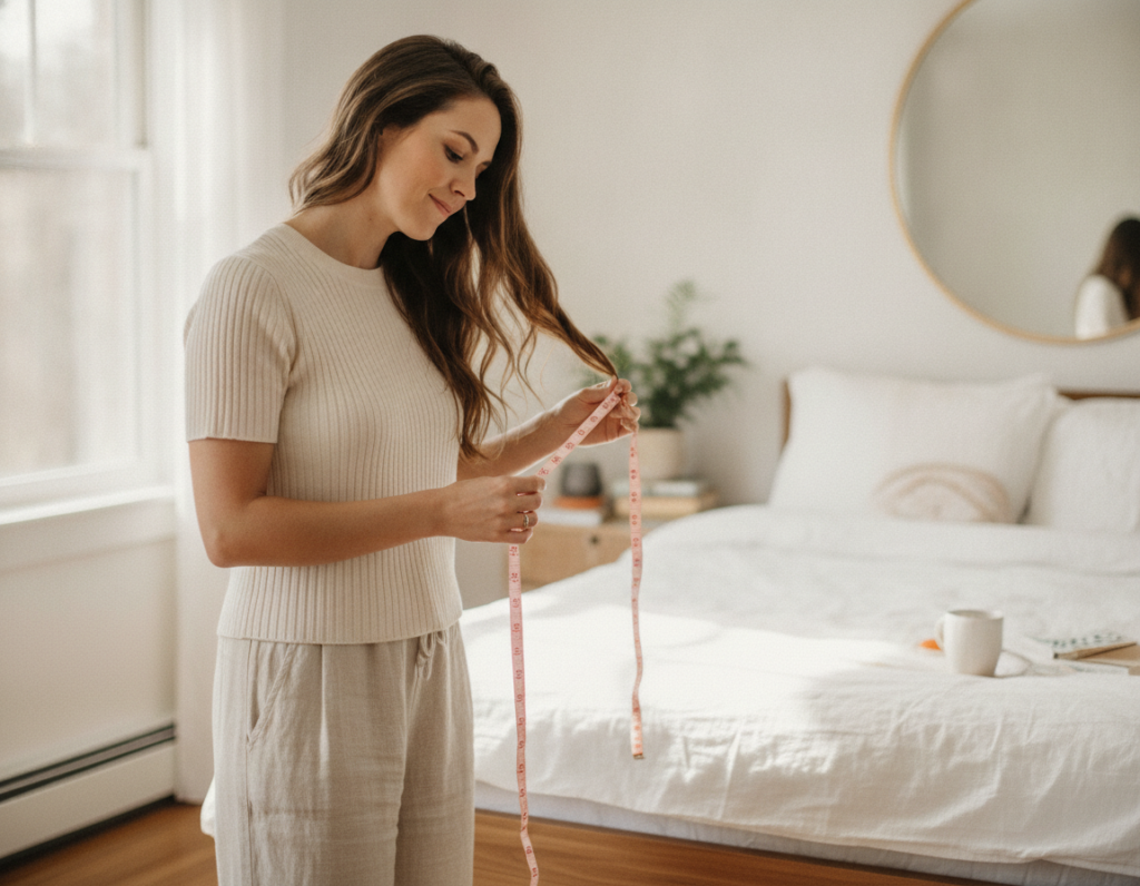 Person measuring hair length for progress tracking