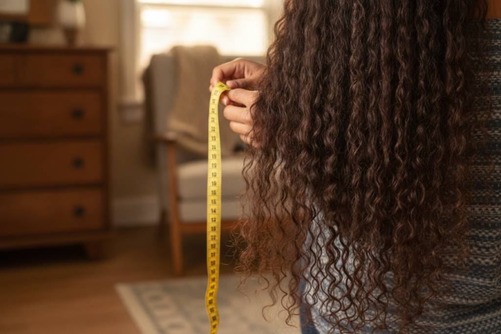 Person measuring healthy hair length at home