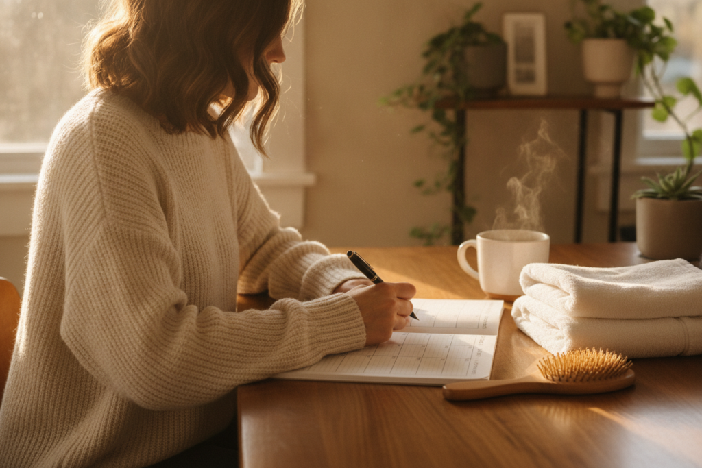 Person planning a gentle hair care routine at home