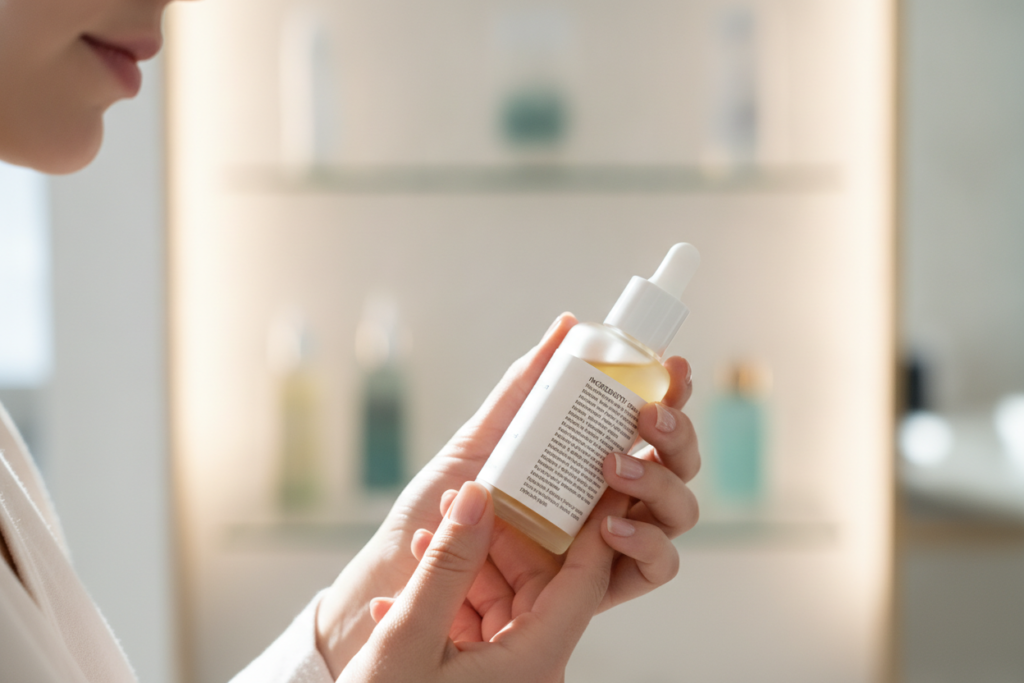 Person reading a hair serum ingredient label before purchase Person reading a hair serum ingredient label before purchase