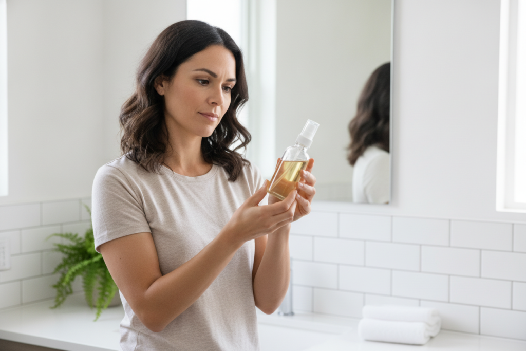 Person reading scalp tonic safety label before use