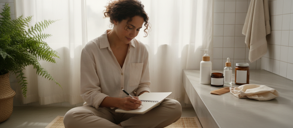 Person reviewing a simple hair-care routine beside bathroom products