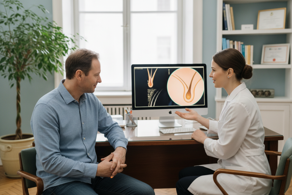 Person reviewing hair loss concerns with a healthcare professional