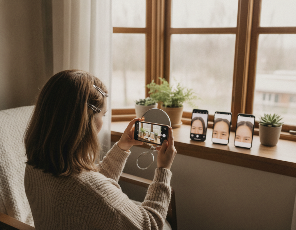 Person tracking gradual hair growth progress with consistent photos