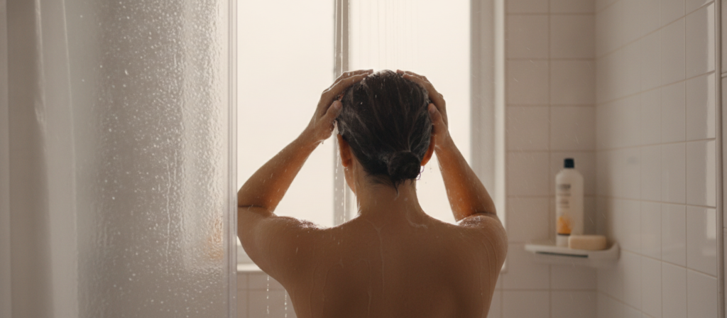 Person washing hair gently in a home shower