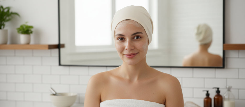 Person wearing a shower cap during a hair mask treatment