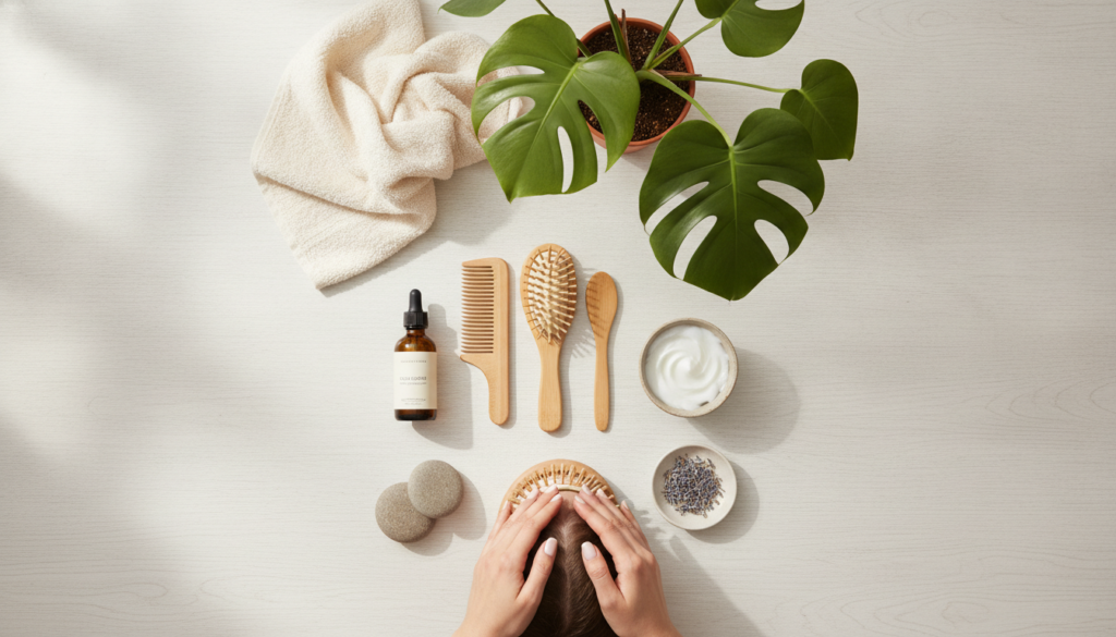 Pinterest-friendly hair care content planning with scalp massage imagery and no text