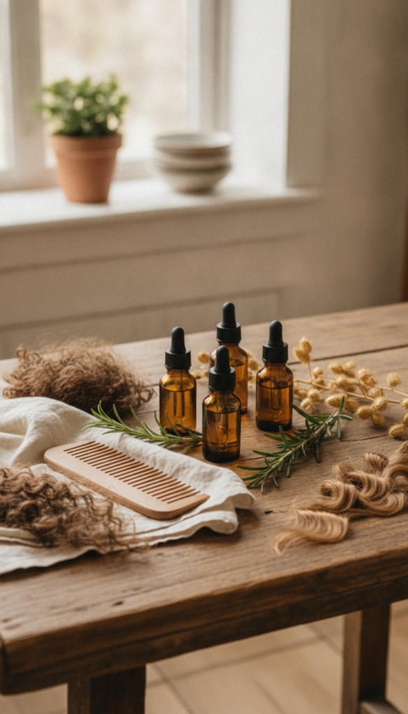 Pinterest-friendly hair oil care scene with natural hair and botanical ingredients Pinterest-friendly hair oil care scene with natural hair and botanical ingredients