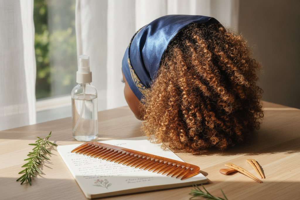 Pinterest-friendly healthy curly hair care checklist scene