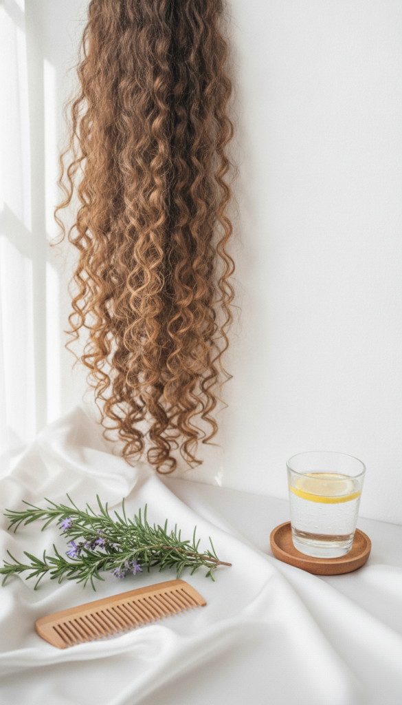 Pinterest-friendly natural hair care scene with healthy hair and botanical ingredients