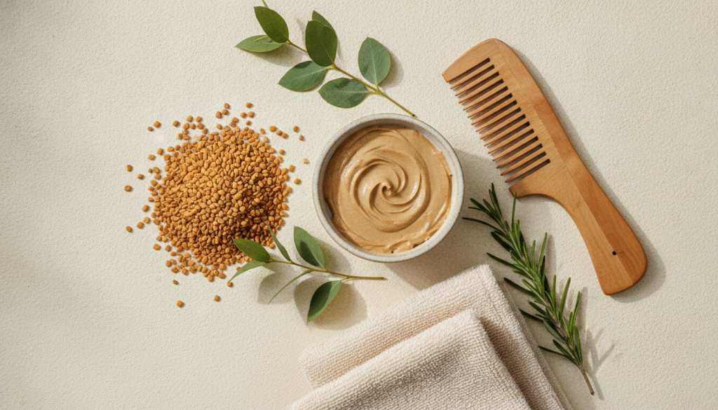 Pinterest-ready natural fenugreek hair care flat lay for Fenugreek for Hair Growth
