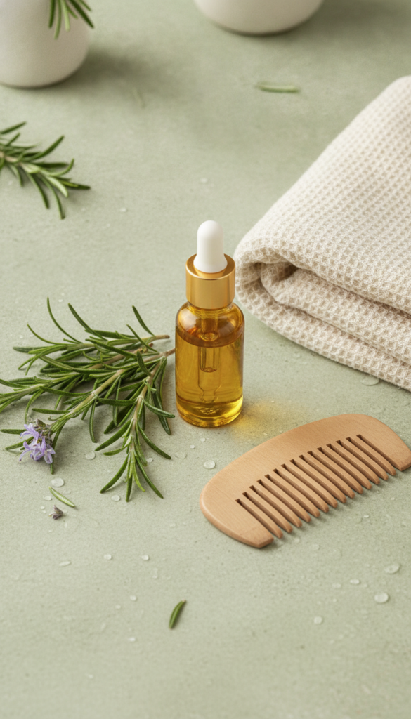 Pinterest-style vertical image of rosemary oil, scalp care tools, and green leaves