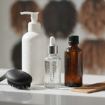 Products for Hair Growth arranged beside a healthy scalp care routine