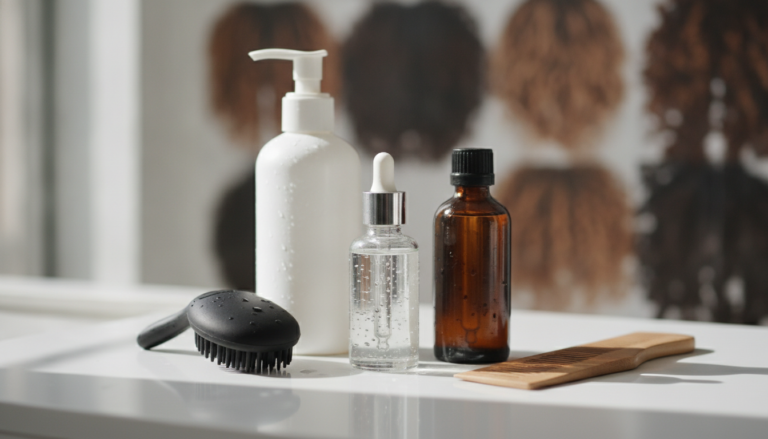 Products for Hair Growth arranged beside a healthy scalp care routine