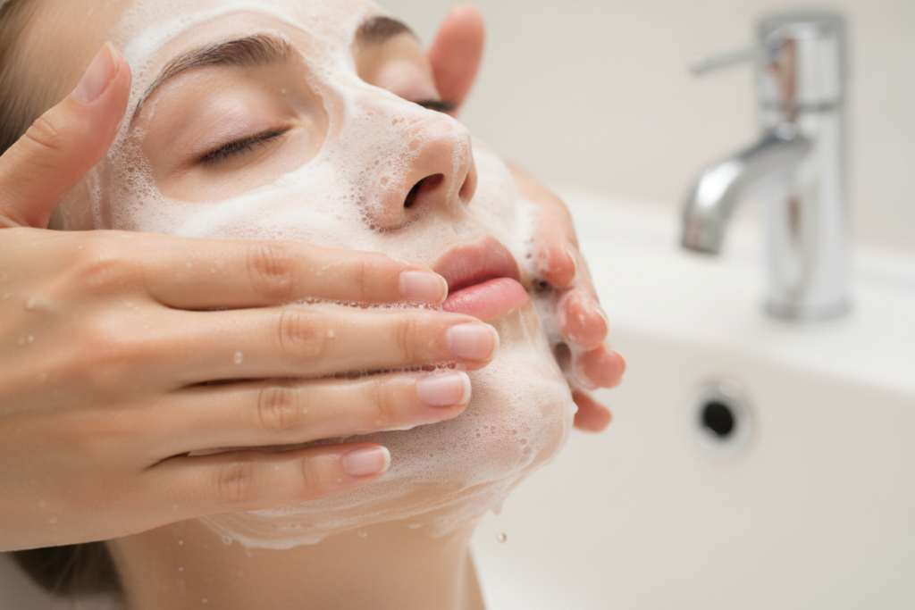Proper face cleansing technique demonstration with foam cleanser