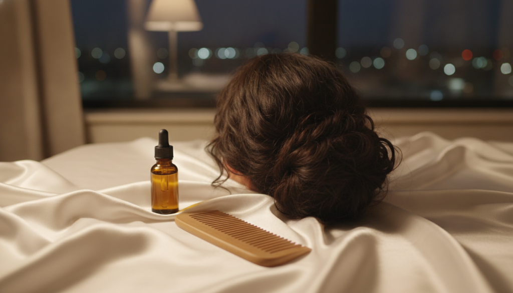 Protective nighttime hair routine with satin fabric and a small oil bottle Protective nighttime hair routine with satin fabric and a small oil bottle