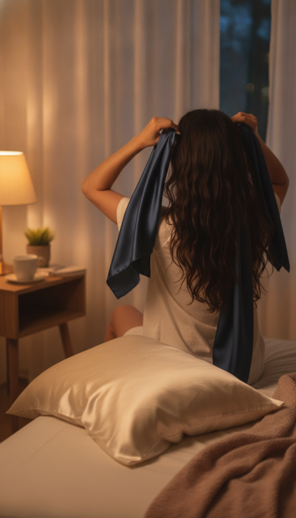Protective nighttime hair routine with satin pillowcase