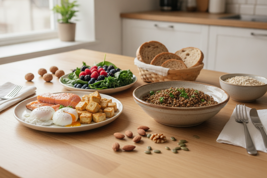 Protein foods and colorful produce for hair health