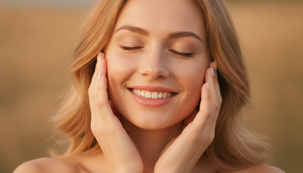 Radiant woman touching her clear skin with confidence and joy