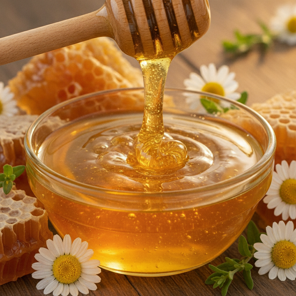Raw honey in glass bowl for face pack preparation