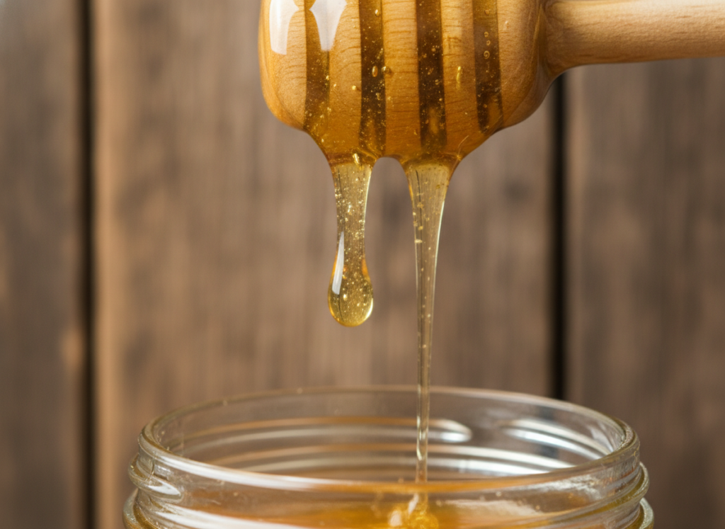Raw honey in glass jar with wooden dipper for skin care home remedies